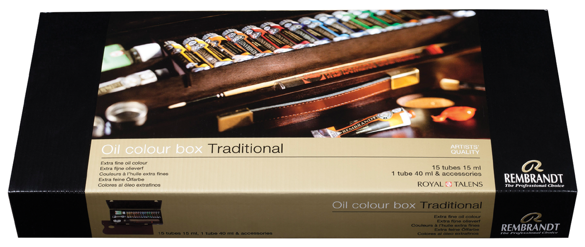 REMBRANDT Ölfarben-Set TRADITIONAL im Holzkasten  (15x15ml , 1x40 ml, Zubehör)
