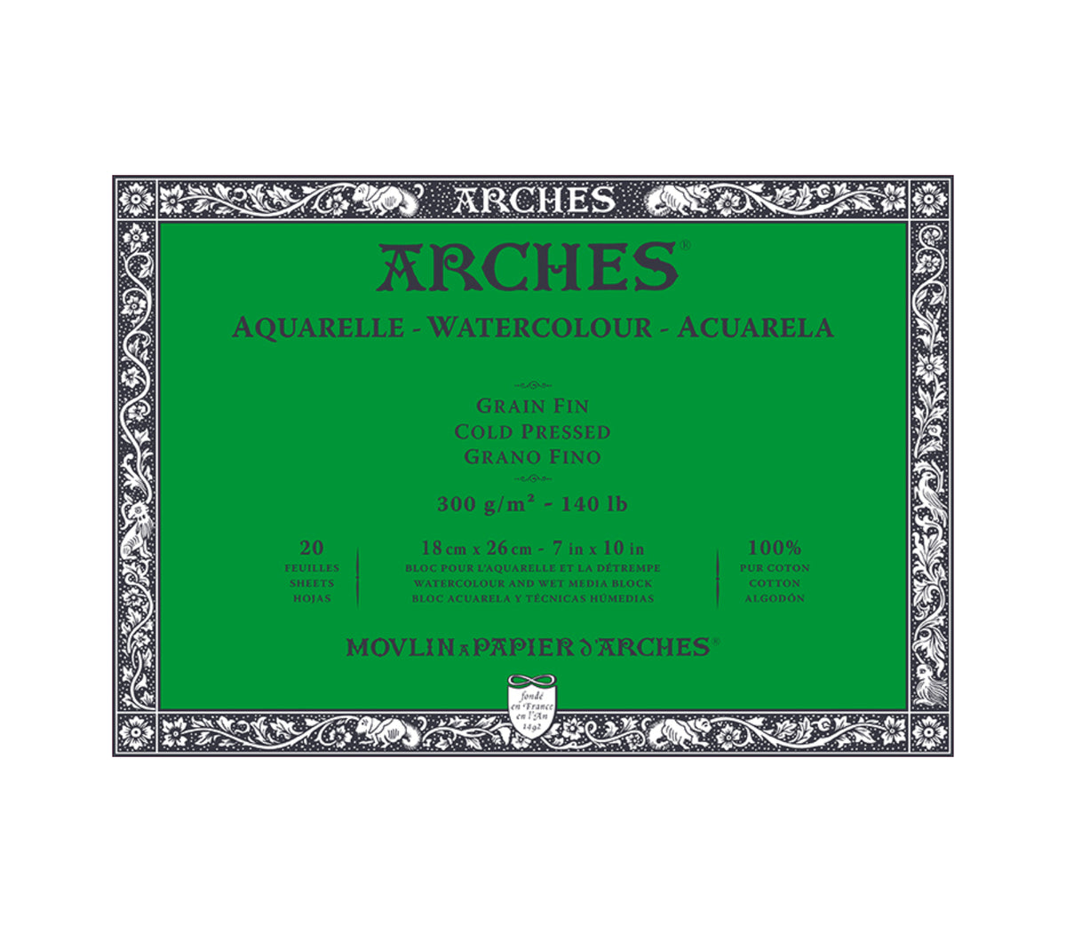 Arches® bloc de papel acuarela 20 hojas 18x26 300g blanco