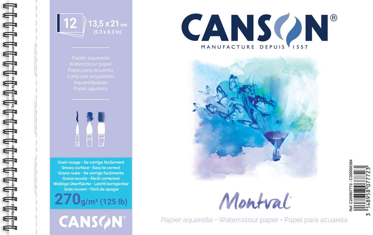 CANSON Montval Aquarellpapierblock 13,5x21cm 12 Blatt 270gr weiß (Spiral)