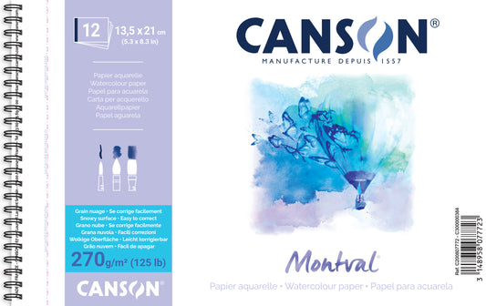 CANSON Montval Aquarellpapierblock 13,5x21cm 12 Blatt 270gr weiß (Spiral)