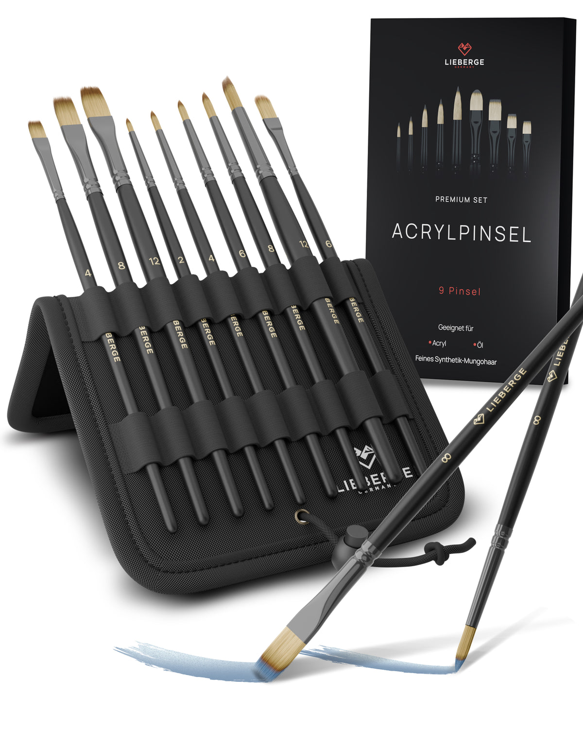 LIEBERGE PREMIUM SET Acrylpinsel (9 Pinsel) im Aufstell-Etui